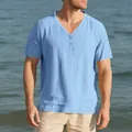 Detail of men's light blue Henley T-shirt with breathable imitation linen fabric - Light Blue