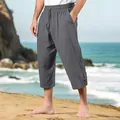 Men's breathable grey cotton linen cropped beach pants with drawstring elastic waist - S / Bottoms / Dark Gray