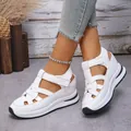 Elegant white women's wedge platform sandals with hollow strap design and velcro closure - 35 / White