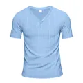Detail view of light blue slub texture men's short sleeve casual Henley t-shirt - Light Blue