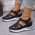 Women's black wedge platform sandals with Roman style woven design and hook-loop strap - 35 / Black