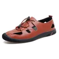 Sandalias casuales de hombre en cuero marrón transpirable con diseño calado de verano - Marrón Rojo