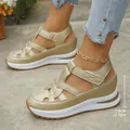 Metallic gold wedge platform sandals with 7cm heel and adjustable Velcro straps for women - Gold with Brown Edge
