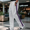 High-street men's light grey flared sweatpants featuring purple side stripes and drawstring - S / Light Gray