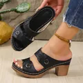Close-up of black PU platform wedge slides with hollow-out design and vintage stitching - Black
