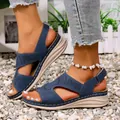 Sandales compensées ajourées bleues élégantes avec design rétro bout ouvert pour l'été - 36 / Bleu