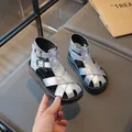Stylish silver children's Roman sandals with double buckle straps and thick black soles - Size 23 Inner Length 14.5 / Silver