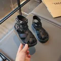 Stylish black children's Roman gladiator sandals featuring thick soles and buckle straps - Size 23 Inner Length 14.5 / Black
