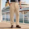 Pantalon de détente pour homme en lin beige à taille haute pour les vacances d'été - S / Bas / Khaki Clair