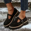Vista dettagliata di scarpe retrò in camoscio nero con punta tonda e suola alta - 36 / Nero