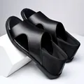 Men's breathable black leather sandals with soft sole for comfortable casual summer wear - 38 / Black