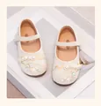 Elegant white girls' Hanfu style leather flats with floral embroidery and pearls - 29 / Off White