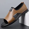 Brown men's breathable leather sandals with a hollow design and soft anti-slip rubber sole - 38 / Khaki