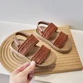 Sandalias de ganchillo estilo étnico marrón para niñas con suelas suaves y tiras - Marrón Oscuro
