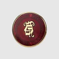 Vintage style red enamel button with gold G logo and international text engraving - Gold + Red