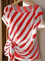 Detail of plus size women's red and white diagonal striped top with side knot - Red