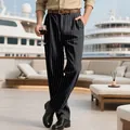 Close-up detail of men's loose breathable striped trousers on a luxury yacht deck - S / Bottom (CFT-10-C) / Black