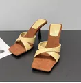 Elegantes mulas de tacón alto de estilo francés con tiras cruzadas y punta cuadrada moderna. - Amarillo