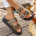 Leopard print platform slide sandals for women with crystal rhinestone buckles - Leopard Print with Rhinestone Buckle