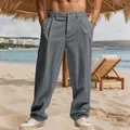 Men's gray pinstripe linen straight-leg leisure trousers for summer beach vacation - S / Bottoms / Dark Gray