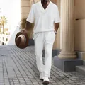 Close-up detail of men's casual white jacquard V-neck short sleeve and pants set - S / Top And Bottom / Khaki