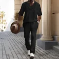 Men's black V-neck textured jacquard short sleeve and long pants summer set outfit - S / Top And Bottom / Black