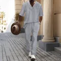Men's grey jacquard leisure set with short sleeve V-neck top and matching trousers - S / Top And Bottom / Gray