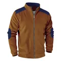 Vintage men's ribbed corduroy jacket with navy blue shoulder and elbow patches in tan - Earthy Yellow