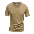 Détail d'un t-shirt de sport à col en V pour hommes kaki, séchage rapide pour tenue décontractée - S / Hauts / Khaki