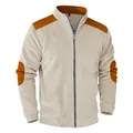 Men's vintage beige ribbed jacket with brown shoulder and elbow patches front view - Apricot