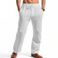 Detail of men's white linen pants featuring vertical stripes and a comfortable drawstring waist - S / Bottoms / White