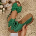 Elegant green women's summer platform sandals with large bow detail for beach vacation - Green