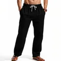 Detail view of men's black pinstriped linen trousers with white drawstring waist - S / Bottoms / Black