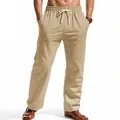 Men's khaki vertical striped linen drawstring pants for summer beach casual style wear - S / Bottoms / Khaki