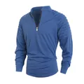 Ανδρική μπλε μακρυμάνικη μπλούζα με μισό φερμουάρ, όρθιο γιακά και πλισέ λεπτομέρειες στους ώμους - S / Tops / Ναυτικό μπλε