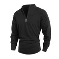 Camiseta de manga larga para hombre con media cremallera y hombros plisados en negro - Negro