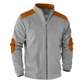 Detailed front view of men's grey corduroy jacket with orange color block patches - Medium Grey
