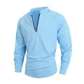 Camiseta azul claro para hombre con media cremallera, cuello alto y hombros plisados manga larga - Azul claro