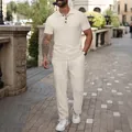 Men's summer casual set with textured polo shirt and matching trousers in cream white. - S / Top And Bottom / Khaki
