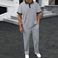 Men's summer casual set featuring grey textured polo shirt and matching long pants - S / Top And Bottom / Gray
