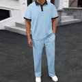 Detailed view of a premium men's blue jacquard polo shirt and matching pants casual sports set - S / Top And Bottom / Sky Blue