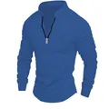 T-shirt bleu roi à manches longues pour hommes avec col zippé et épaules plissées - Bleu marine