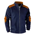 Men's vintage zip-up corduroy jacket in navy blue with orange contrast patches - Navy Blue