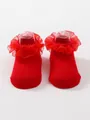 Vibrant red baby socks featuring elegant ruffled lace trim in a classic ballet style - S (0-6 Months) / Red