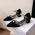 Elegant black pointed-toe pumps with gold straps and chunky mid heels for women. - 35 / Black