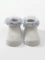 Breathable baby boat socks with light blue organza lace ruffles princess style - S (0-6 Months) / Gray