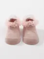 Adorable pink infant socks with elegant ruffled lace trim, breathable cotton style - S (0-6 Months) / Bean Paste