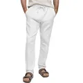 Detail of men's white solid color sports casual sweatpants with elastic drawstring waist - S / Bottoms / White