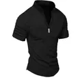 Ανδρικό μαύρο αθλητικό μπλουζάκι slim fit με φερμουάρ και πλισέ λεπτομέρεια μανικιών. - Μαύρο
