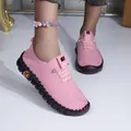Chaussures de marche plates et confortables en cuir souple rose pour femmes avec semelle antidérapante - 35 / Rose